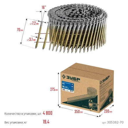 ЗУБР CNW 70 х 3.1 мм, барабанные гвозди рифленые, 4800 шт (305382-70) купить в Нефтеюганске