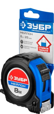 Рулетка ЗУБР &quot;НЕЙЛОН&quot;, нейлоновое покрытие, упрочненное полотно, ударопрочный обрезиненный корпус, 8м/25мм 34056-08-25_z01 купить в Нефтеюганске