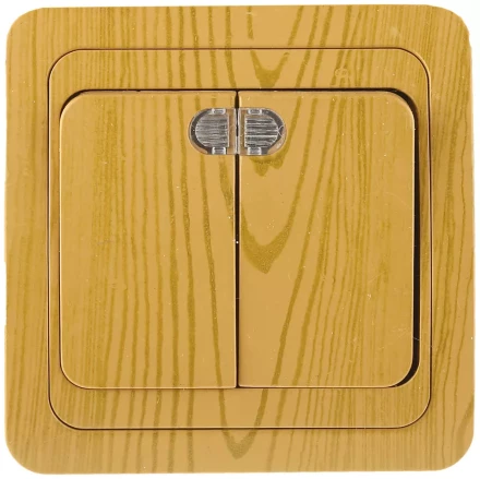 Выключатель СВЕТОЗАР &quot;ГАММА&quot; с подсветкой, двухклавишный, цвет ольха, 10A/~250B SV-54135-A купить в Нефтеюганске