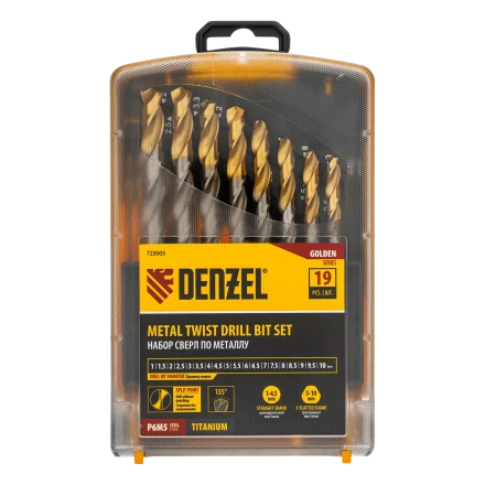 Набор сверл по металлу Denzel 723003, 1-10 мм, Р6М5-TiN, Golden Tip, 19 шт купить в Нефтеюганске