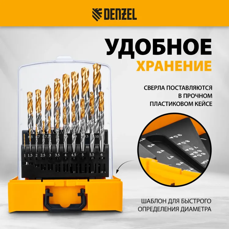 Набор сверл по металлу Denzel 723003, 1-10 мм, Р6М5-TiN, Golden Tip, 19 шт купить в Нефтеюганске