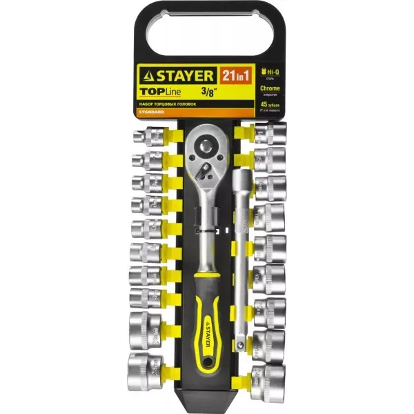 Набор STAYER "STANDARD": Торцовые головки (3/8") на пластиковом рельсе, трещотка, удлинитель, 6-24мм, 21 предмет 27752-H21 купить в Нефтеюганске