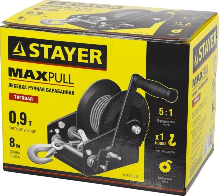 Лебедка ручная барабанная STAYER &quot;MASTER&quot;, тяговая, тросовая, 0,9т, 8м 43112-0.9 купить в Нефтеюганске