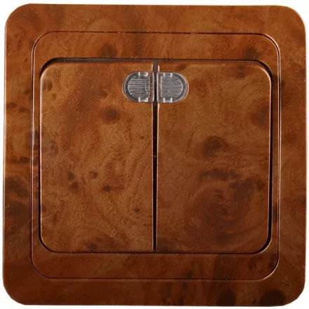 Выключатель СВЕТОЗАР &quot;ГАММА&quot; с подсветкой, двухклавишный, цвет орех, 10A/~250B SV-54135-N купить в Нефтеюганске