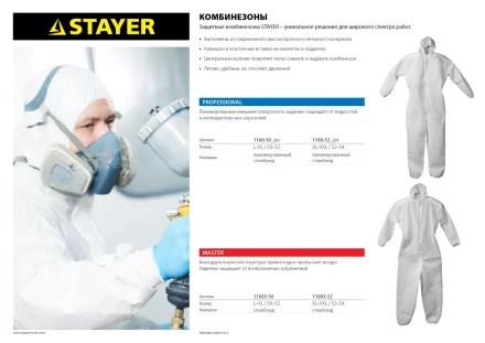Комбинезон STAYER &quot;PROFESSIONAL&quot;, защитный из ламинированного спанбонда, 50-52 размер 1160-50_z01 купить в Нефтеюганске