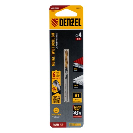 Сверло спиральное по металлу Denzel 4 x 75мм, Р6М5, Golden Tip, многогранная заточка 718272 купить в Нефтеюганске