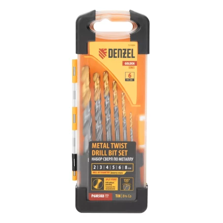 Набор сверл по металлу Denzel, 2-8мм, Р6М5К8-TiN, Golden Tip, 6 шт 723004 купить в Нефтеюганске