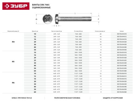 Винт DIN 7985 M4x30мм, 10шт, кл. пр. 4.8, оцинкованный, ЗУБР 303156-04-030 купить в Нефтеюганске