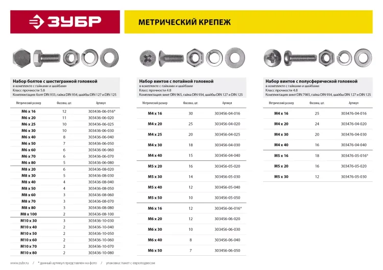 Винт (DIN965) в комплекте с гайкой (DIN934), шайбой (DIN125), шайбой пруж. (DIN127), M4 x 16 мм, 30 шт, ЗУБР 303456-04-016 купить в Нефтеюганске