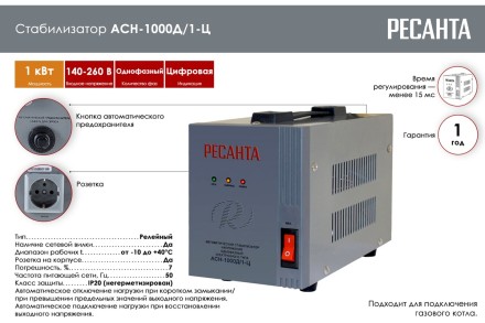 Стабилизатор напряжения Ресанта АСН-1000Д/1-Ц 63/6/38 купить в Нефтеюганске