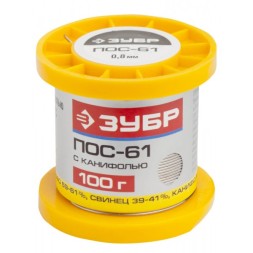 Припой ЗУБР, ПОС 61, трубка с канифолью, 100г, 0,8мм 55450-100-08C