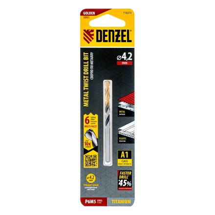 Сверло спиральное по металлу Denzel 4,2 x 75мм, Р6М5, Golden Tip, многогранная заточка, 718273 купить в Нефтеюганске