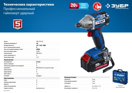 Ударный гайковерт аккумуляторный BL-motor 2 АКБ GB-250 A5 серия ПРОФЕССИОНАЛ купить в Нефтеюганске