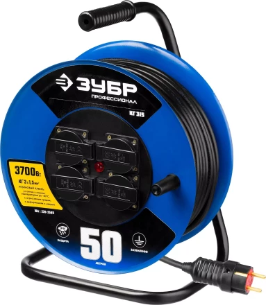 Удлинитель на катушке &quot;КГ 315&quot;, 50 м, 3700 Вт, 4 гнезда, IP44, КГ 3х1,5 кв мм, ЗУБР 55080-50 купить в Нефтеюганске