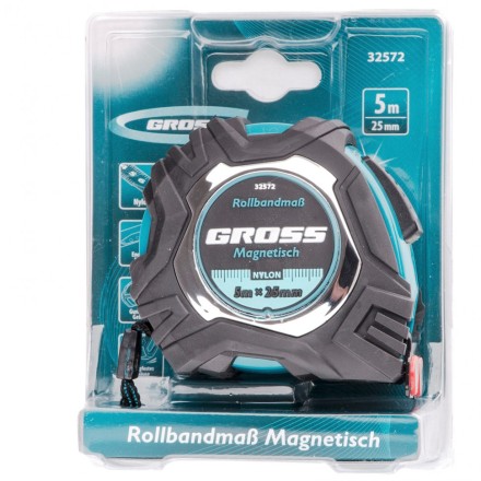 Рулетка Magnetisch 5 м х 25 мм обрезиненный корпус автоматическая фиксация Нейлоновое покрытиеытие зацеп с магнитом Gross 32572 купить в Нефтеюганске