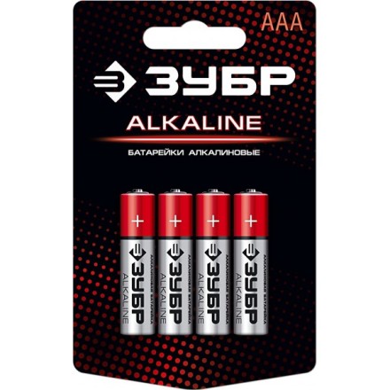 Батарейка &quot;ЗУБР&quot; &quot;ALCALINE&quot; щелочная (алкалиновая), &quot;AAA&quot;, 1,5В, 4шт 59221-4C купить в Нефтеюганске