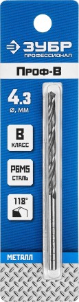 ЗУБР ПРОФ-В, 4.3 х 80 мм, сталь Р6М5, класс В, сверло по металлу, Профессионал (29621-4.3) купить в Нефтеюганске