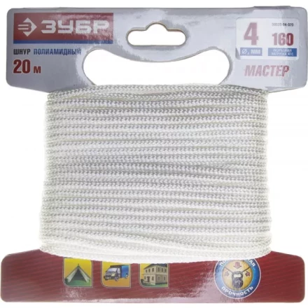 Шнур ЗУБР полиамидный, плетеный, повышенной нагрузки, без сердечника, белый, d 4, 20м 50320-04-020 купить в Нефтеюганске