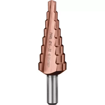 Сверло ЗУБР "КОБАЛЬТ" ступен. по сталям и цв.мет.ст.Р6М5 с кобальт.покрыт.d6-20мм, 8ступ.d6-20,L-75мм, трехгран.хв. 8мм 29672-6-20-8 купить в Нефтеюганске