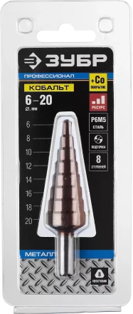 Сверло ЗУБР "КОБАЛЬТ" ступен. по сталям и цв.мет.ст.Р6М5 с кобальт.покрыт.d6-20мм, 8ступ.d6-20,L-75мм, трехгран.хв. 8мм 29672-6-20-8 купить в Нефтеюганске
