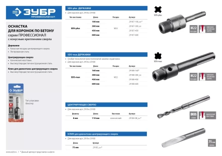Державка ЗУБР для бур коронки с хвостовиком SDS Plus, конусное крепление центров сверла, L 600мм, резьба М22 29187-600 купить в Нефтеюганске