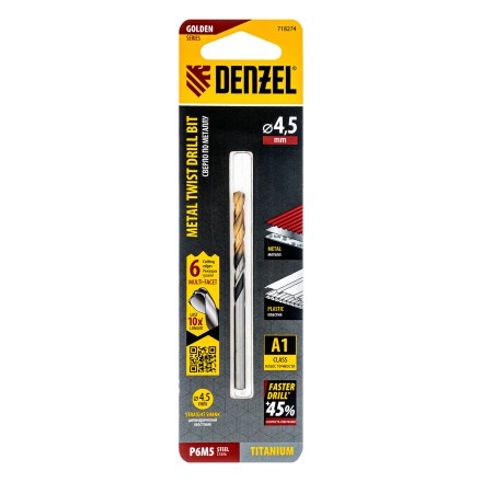 Сверло спиральное по металлу Denzel 4,5 x 80мм, Р6М5, Golden Tip, многогранная заточка 718274 купить в Нефтеюганске