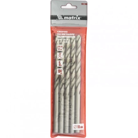 Сверло по металлу 10,0 х 184 мм полированное удлиненное HSS 5 штук цилиндрический хвостовик MATRIX 715100 купить в Нефтеюганске