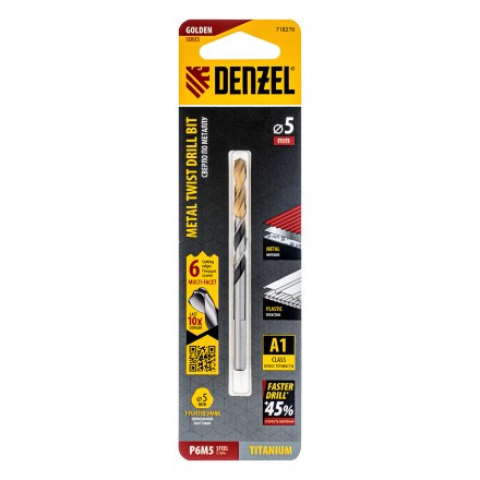 Сверло спиральное по металлу Denzel 5 x 86мм, Р6М5, Golden Tip, многогранная заточка, 718276 купить в Нефтеюганске