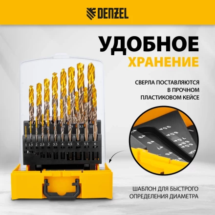 Набор сверл по металлу Denzel 723008, 1-10 мм, Р6М5К8-TiN, Golden Tip, 19 шт купить в Нефтеюганске