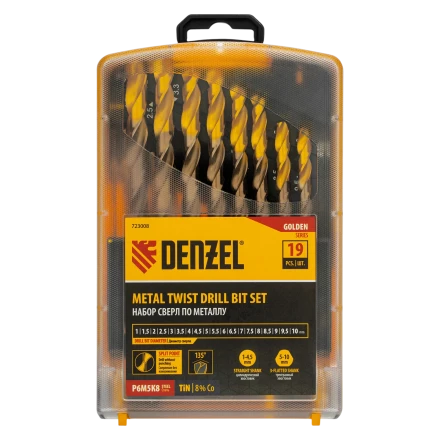 Набор сверл по металлу Denzel 723008, 1-10 мм, Р6М5К8-TiN, Golden Tip, 19 шт купить в Нефтеюганске