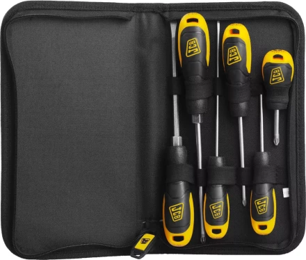 Набор JCB: Отвертки, хромомолибденовая сталь S2, двухкомпонентные рукоятки, магнитный наконечник, 7 предм, чехол JSD019 купить в Нефтеюганске