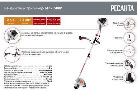 Триммер бензиновый Ресанта БТР-1500Р 70/2/36 купить в Нефтеюганске