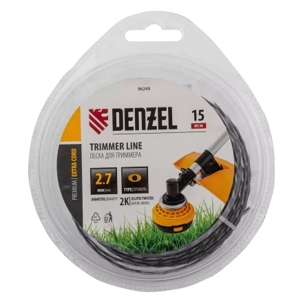 Леска для триммера двухкомпонентная эллипс, 2,7мм х 15м, блистер EXTRA CORD,  Denzel 96249 купить в Нефтеюганске