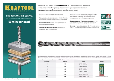 Сверло &quot;UNIVERSAL&quot; по бетону, металлу, дереву, KRAFTOOL PROFESSIONAL 29172-100-6, 6 х 100 мм 29172-100-6_z01 купить в Нефтеюганске