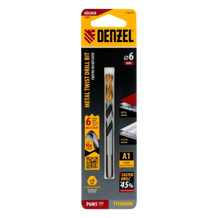 Сверло спиральное по металлу 6 x 93мм, Р6М5, Golden Tip, многогранная заточка Denzel 718278 купить в Нефтеюганске