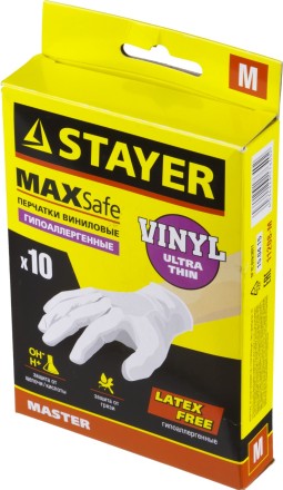 Перчатки STAYER &quot;MASTER&quot; виниловые экстратонкие, M, 10шт 11208-M купить в Нефтеюганске