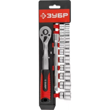 Набор ЗУБР &quot;МАСТЕР&quot;: Торцовые головки (3/8&quot;) на пластиковом рельсе, трещотка, удлинитель, Cr-V, 10-19мм, 12 предметов 27646-H12 купить в Нефтеюганске