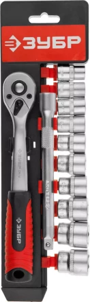 Набор ЗУБР &quot;МАСТЕР&quot;: Торцовые головки (3/8&quot;) на пластиковом рельсе, трещотка, удлинитель, Cr-V, 10-19мм, 12 предметов 27646-H12 купить в Нефтеюганске