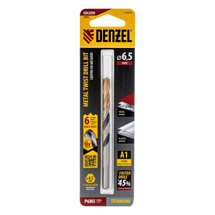 Сверло спиральное по металлу Denzel 6,5 x 93мм, Р6М5, Golden Tip, многогранная заточка, 718279 купить в Нефтеюганске