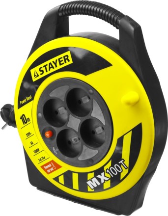 Удлинитель на катушке &quot;MX100T&quot;, 10 м, 4 гнезда, ПВС 2x0,75 кв мм, 1300 Вт, STAYER 55071-10 купить в Нефтеюганске