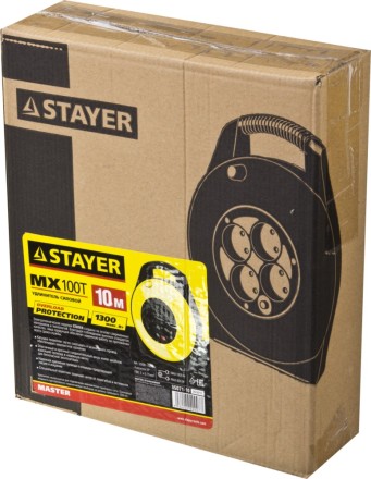 Удлинитель на катушке &quot;MX100T&quot;, 10 м, 4 гнезда, ПВС 2x0,75 кв мм, 1300 Вт, STAYER 55071-10 купить в Нефтеюганске