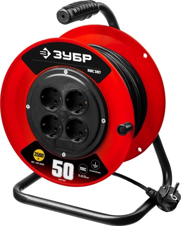 Удлинитель на катушке &quot;ПВС 307&quot;, 50 м, 2500 Вт, 4 гнезда, ПВС 3х0,75 кв мм, ЗУБР 55083-50 купить в Нефтеюганске