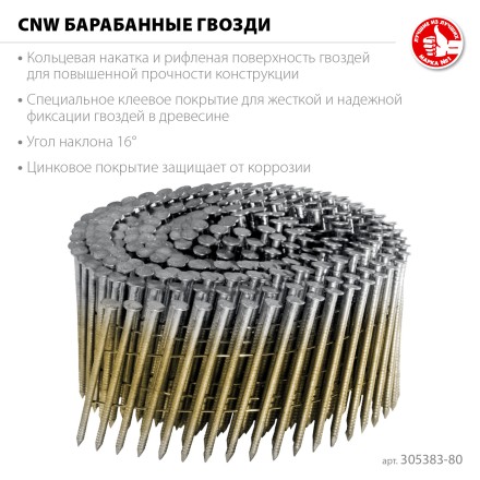 ЗУБР CNW 80 х 3.1 мм, барабанные гвозди рифленые оцинкованные, 3600 шт (305383-80) купить в Нефтеюганске